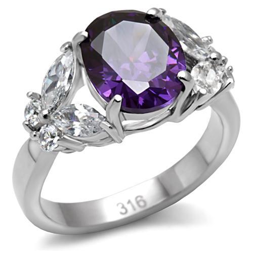 TK086 - High polished (no plating) Stainless Steel Ring with AAA Grade CZ  in Amethyst-0